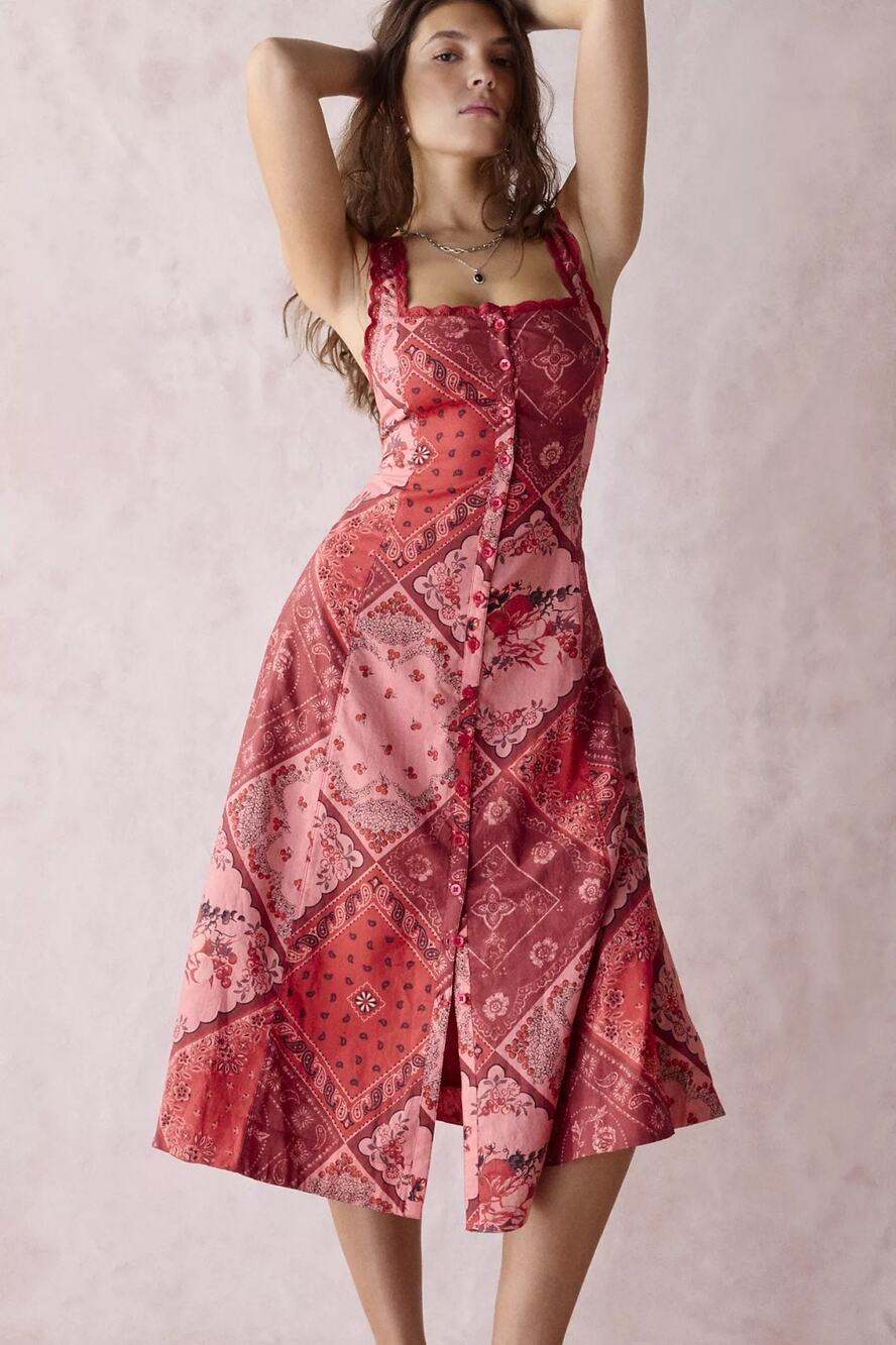 Kimchi Blue Martina Lace Trim Red Boho Bandana Print Midi Dress Fruit Floral XL